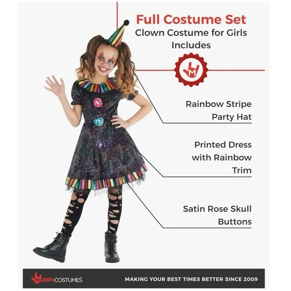 New black rainbow Morph Clown circus Costume Creepy Halloween girls large
